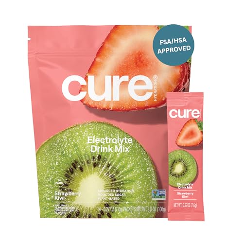 Image of Cure Hydration | Plant-Based Electrolyte Drink Mix | No Added Sugar | FSA-HSA | Dehydration Relief Powder Made with Coconut Water | Non-GMO | Vegan | Pouch of 14 Packets - Strawberry Kiwi