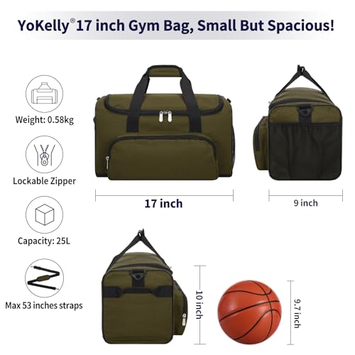 Image of 25L Small Gym Sport Duffle Bag, 17 inch, Olive Green | Multi Pockets, Sturdy, For Gym, Sport, Weekender Travel, Workout, Training