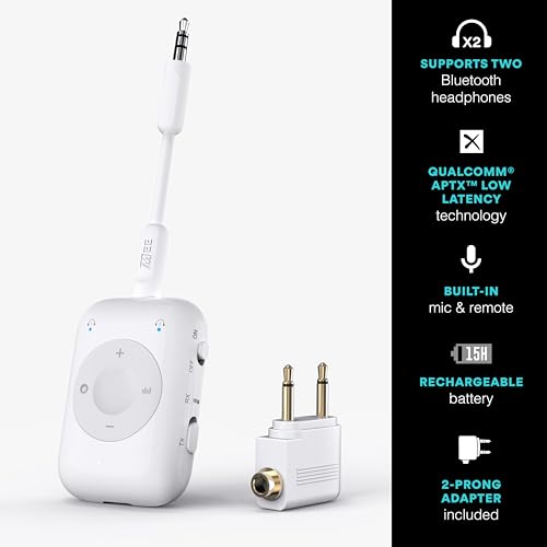 Image of MEE audio Connect Air Pro Bluetooth Wireless Audio Transmitter & Receiver for AirPods or Bluetooth Headphones, 2-in-1 Adapter with Detachable Cable 3.5mm Aux Audio Jack for Airplanes, Auto, Gym, White