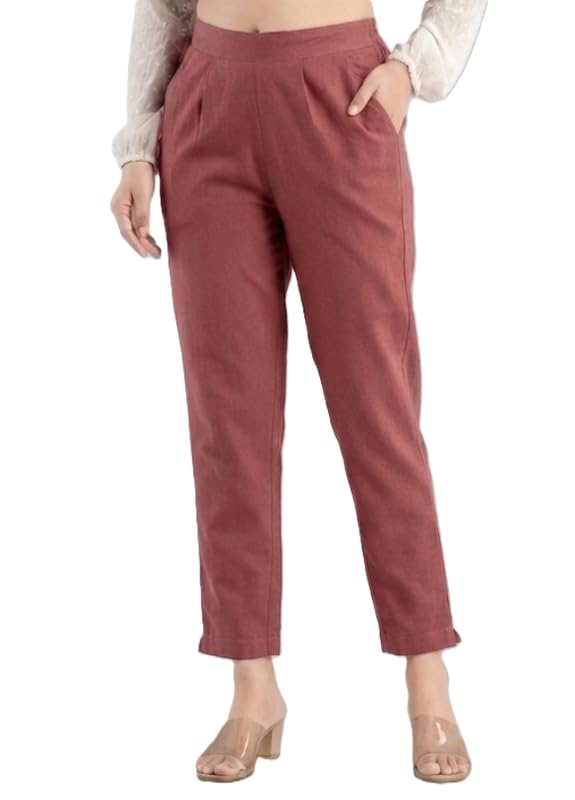 Image of Solid Cotton Woman Trousers Pants Regular Fit Kurti Pant with Drawstring Daily Office Formal Casual Use