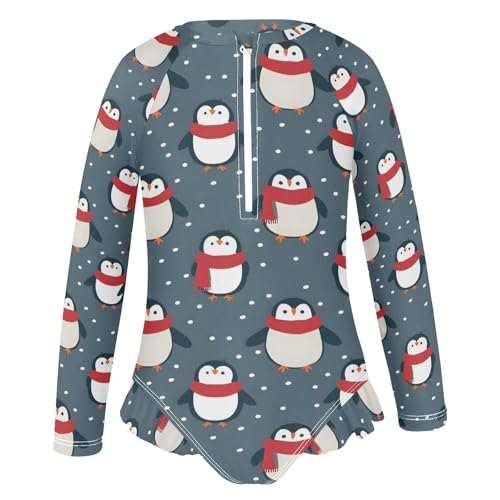 Cute Penguin and Snow Girls Long Sleeve Swimsuit Rash Guard One Piece Bathing Suits Zipper 3-12T2