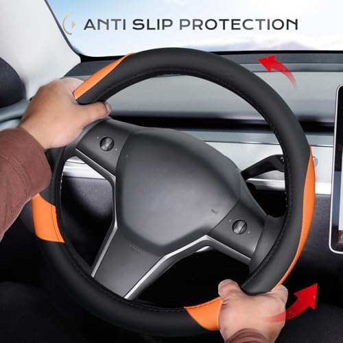 Image of Coverado Car Steering Wheel Cover, Nappa Leather Black & Orange Steering Wheel Covers for Women, Universal 14-15 inch, Anti-Slip, Breathable Steering Wheel Protector