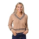 Hope & Henry Women's Organic Long Sleeve V-Neck Cricket Sweater, Medium, Camel Heather with Black