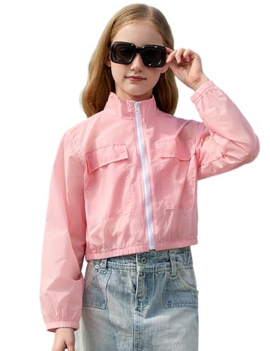 Perfashion Girls Lightweight uv protection shirt Jacket Pink Cropped Bomber Coat Kids Zip Up Size 8 10 Hiking