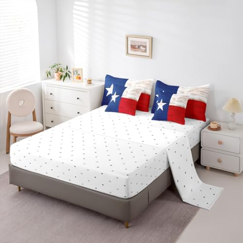 Image of Western Texas Star Comforter Set 7 Piece Bed in a Bag Twin | Vintage American Flag Bedding Sets Cowboys Gifts White Red and Blue Comforter and Sheet Set,Grunge United States Flag Farmhouse Bed Sets