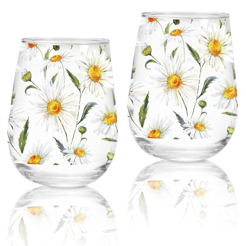 Whaline 2 Pcs Spring Stemless Wine Glasses 17 Oz Watercolor Daisy Drinking Glasses Daisy Flower Tumbler Cups for Party Supplies Gifts