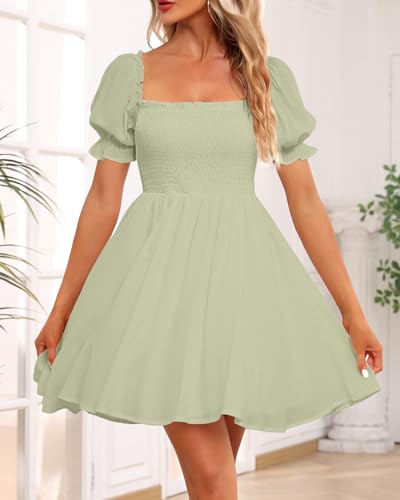 Image of Holipick Women's Casual Square Neck Smocked Dress Shirred Ruffle Puff Sleeve High Waist Cute Flowy A-Line Short Dress