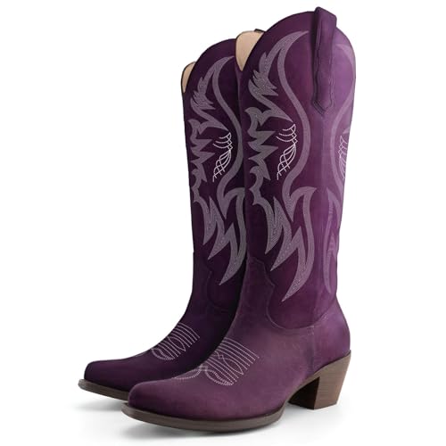 Image of KaroNairy Women Cowboy Boots Faux Suede Embroidered Pointed Thick Heeled Western Wide Calf Cowgirl Ponited Toe Mid Calf Boots