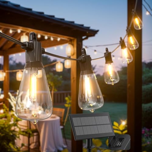 Kawaya Solar Festoon Lights Outdoor with USB Charge 9.5M Garden Light LED Vintage Hanging Solar Powered Waterproof with 15+1 Edison Bulbs for Backyard Gazebo Patio