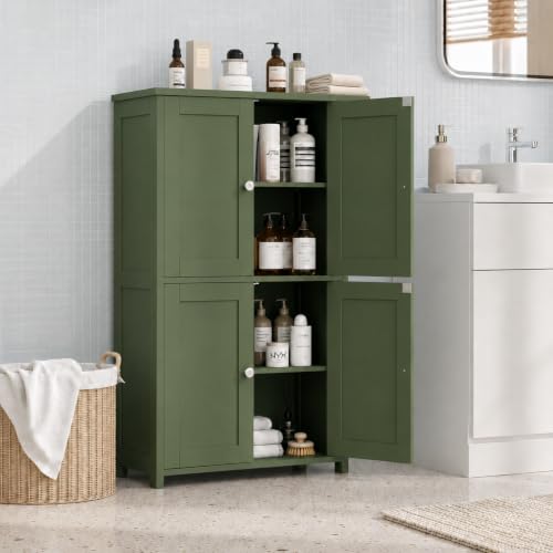 Image of Vongrasig 42.6 inch Bathroom Storage Cabinet, Modern Floor Cabinet with Doors and Adjustable Shelves, Freestanding Accent Organizer Cupboard for Living Room, Entryway, Kitchen, Green