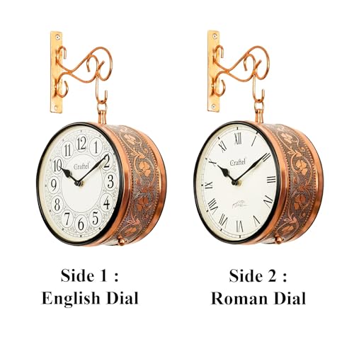 Image of CRAFTEL Double Sided Station Wall Clock Multi-Layer Electroplated | English Roman Numerals | Aluminum Matte-Finish Dial Brass Body | Dial - 8 Inches, Rose Gold | 365 Days Warranty