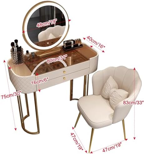 Makeup Table with Flip Top Mirror and Removable Storage Padded Seat Stool Led Smart Glass Dressing Table Chair Set,Luxury Makeup Vanity Set with LED Smart Mirror, Glass Top & Drawers, Stylis image 2
