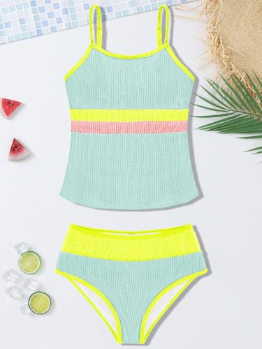 AMAWMW Girls Tankini Swimsuit Two Piece Bathing Suit Color Block Spaghetti Strap Swimwear for Teens 7-16Y, Light Blue, 9-10Y — view 6