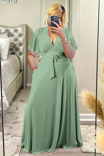 Image of Plus Size Women's 2 Piece Outfits Casual Short Ruffle Sleeve Wrap Crop Top Maxi Long Dress Flowy Matching Sets