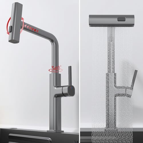 Robinet de cuisine cascade gris pistolet avec douchette extractible - 4