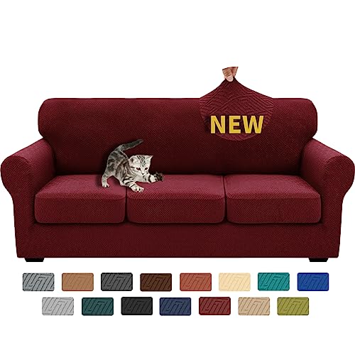 XINEAGE 2025 New 4 Pieces Couch Covers for 3 Cushion Couch Super Stretch Thick Soft Sofa Cover Anti Slip Sofa Slipcover Dogs Cats Furniture Protector (Wine Red, 71"-91")
