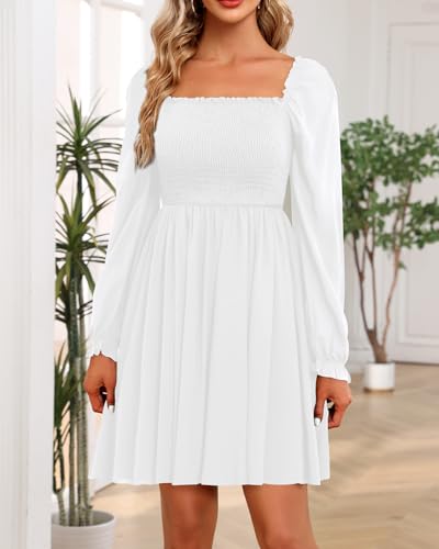 Image of Holipick Women's Casual Square Neck Smocked Dress Shirred Ruffle Puff Sleeve High Waist Cute Flowy A-Line Short Dress