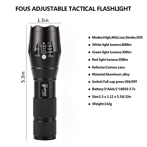 Ultrafire A100 Tactical Flashlight, 900 Lumens 5 Modes Led Zoomable Hunting Flashlight Torch With Duty Belt Flashlight Holster, Red/Green/White Exchange Glass #TOP1