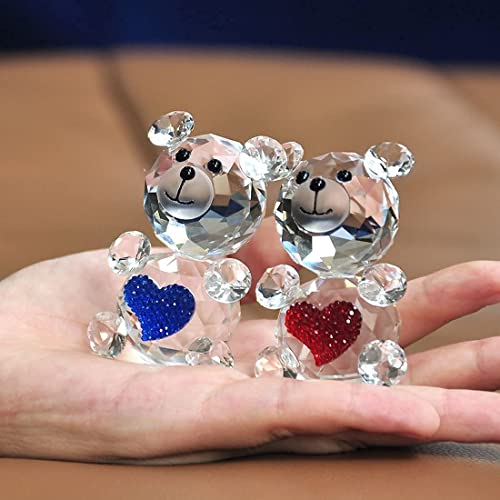 H&D HYALINE & DORA 2PCS Cut Crystal Bear Animal Figurine,Glass Animal Collection Table Ornament (Red Blue)