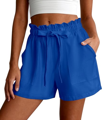 PRETTYGARDEN Womens Summer Shorts Cute High Waist Ruffle Drawstring Wide Leg Comfy Beach Cargo Shorts Running Business Casual Outfits(Royal Blue S)