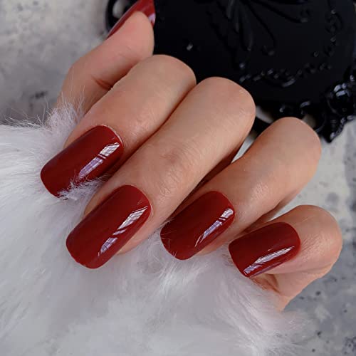 Ikiskt Claret Red Press On Nails Medium Square Fake Nails Burgundy Red Full Cover False Nail Glossy Acrylic Artificial Pre-Design Nails For Women Decoration Manicure Gift For Daily Festival Party #TOP4