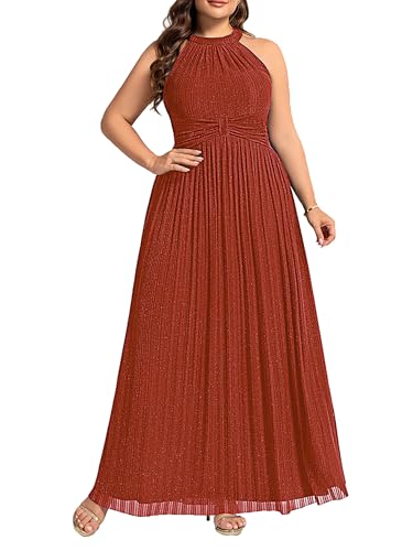 Image of Ever-Pretty Plus Women's Floor Length A-Line Halter Sleeveless Pleated Glitter Plus Size Formal Dress Evening Gown