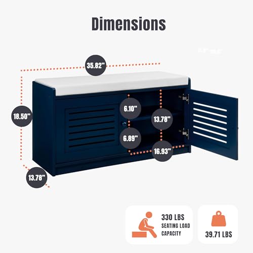 Image of Wooden Shoe Storage Bench Organizer Cushioned Seat with Adjustable Shelves for Entryways, Living Rooms, or Bedrooms, Antique Blue