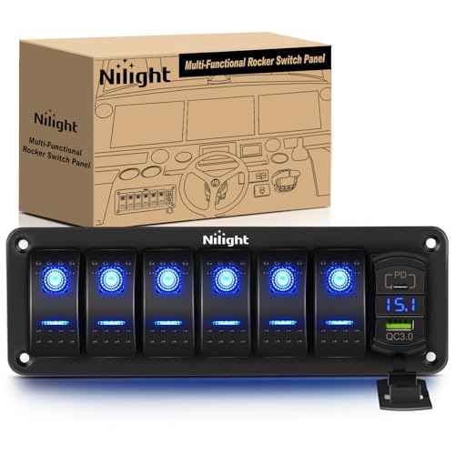Nilight 6 Gang Rocker Switch Panel with PD Type C and USB Charger Voltmeter