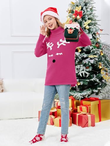 Image of Haloumoning Girls Christmas Sweater Kids Oversized Turtleneck Cute Reindeer Sweaters with Side Slit