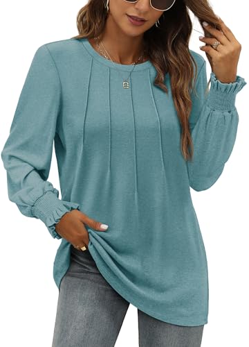 OFEEFAN Womens Shirts Dressy Casual Ruffle Sleeve Pullover Tops Trendy Winter Long Tunic Tshirts Women's Fall Blouses M