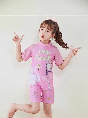 Image of Girls Swimsuits Half Sleeve Rash Guard Swimwear with Matching Cap One-Piece Bathing Suits 2-11 Years