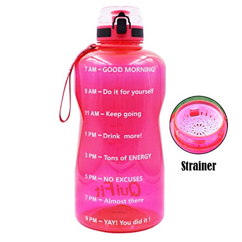 QuiFit Half Gallon Water Bottle - with Strainer & Time Marker, Large BPA