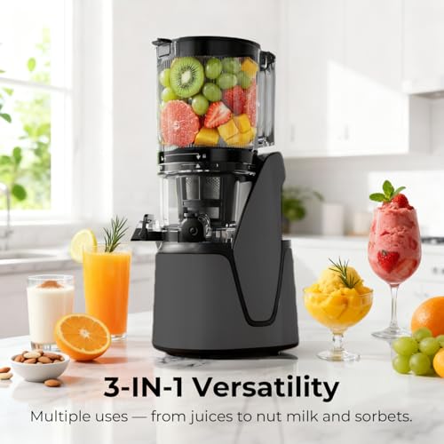 Image of EanOruus Juicer Machines, 3-in-1 Cold Press Juicer with 6.5 inch Extra Large Chute, 100oz Large Capacity, AC Motor, Makes Juice, Nut Milk & Sorbet, brown