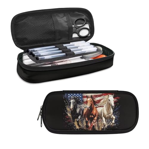 Image of American Flag Horse Pencil Case for Adults Kids Aesthetic Pencil Bag Big Capacity Pen Pouch Portable Pen Holder Stationery Organzier Travel School Office Desk
