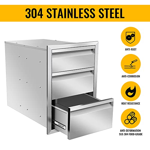 Image of Outdoor Kitchen Drawers 16 inch W x 21 inch H x 23 inch D Inch Stainless Steel Flush Mount BBQ Triple Drawers for Outdoor Kitchen Island, or Patio Grill Station