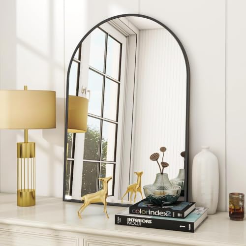 Image of VooBang Arched Wall Mirror, 24 x 36 inch Arch Bathroom Mirror, Wall Mounted Vanity Mirror with Arch Metal Frame, Modern Bathroom Vanity Mirror for Bedroom, Living Room, Hanging or Leaning, Black