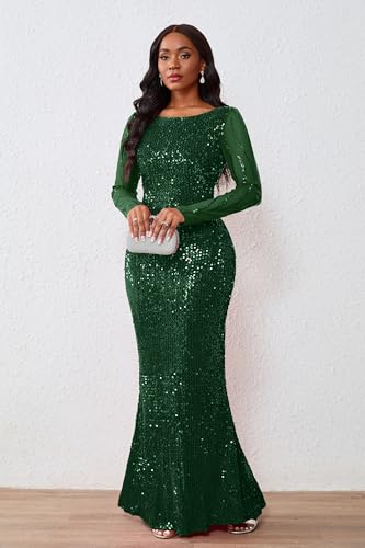 Image of VERWIN Women's Sequins Bodycon Round Neck Long Sleeve Sparkly Mermaid Maxi Dress for Casual Party Cocktail