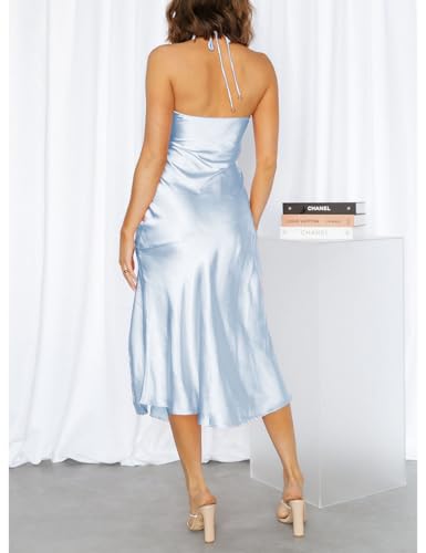 Image of VUBIYA Women's Summer Satin Strapless Slit Halter Midi Dress Wedding Guest