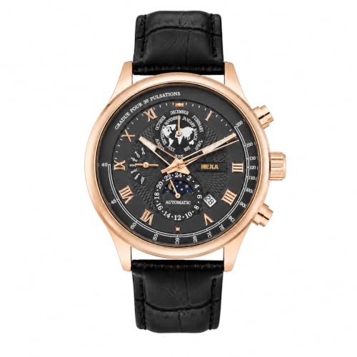 Image of Hexa Hustler Automatic Mechanical Watch for Men | Multifunction Analog Black Dial | Leather Strap | 45mm Round Case | Mineral Glass | 3ATM Water Resistant Luxury Watch