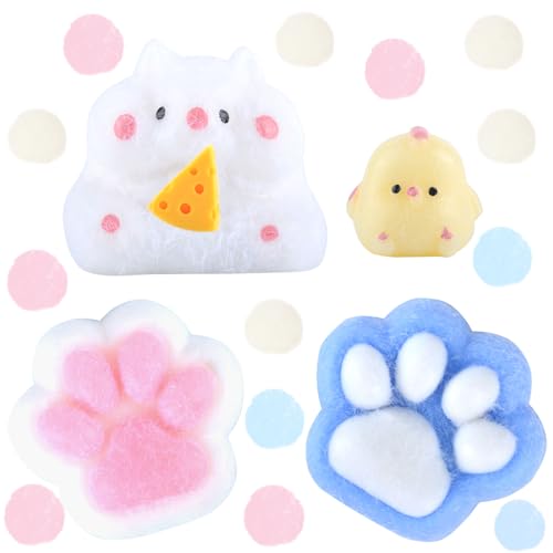 AWAVM Adorable Conjunto de SquishyDos patitas de Gato, un hámster con Queso y un Pollito Amarillo - Suaves, antiestrés y Decorativos, un Regalo Maravilloso para alegrar Cualquier día.