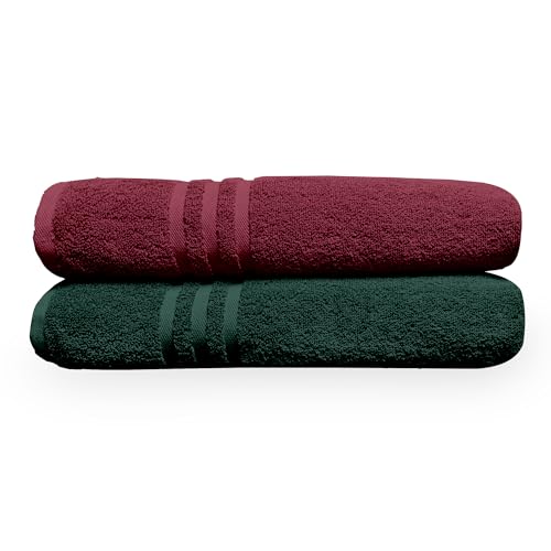 Image of Divine Casa 100% Cotton Bath Towel Set of 2, 550 GSM Ultra Soft Highly Absorbent Thick Towels, Large 75 x 150 cm, Maroon & Green Combo