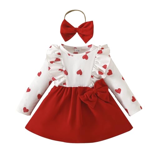 Bonangber Baby Girl Valentines Day Outfit Ruffle Patchwork Long Sleeve Heart Dress with Headband Infant Valentines Outfit(C-Red,6-9 Months)