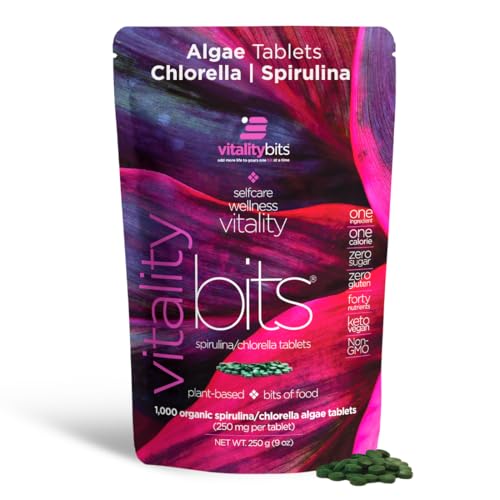 VITALITYbits - Organic Blended Spirulina & Chlorella Tablets - Algae Superfood - Energy Self Care Beauty - Replace Greens Supplements Protein Snacks - Vegan Keto Gluten Free - 1000 Tablets Bag