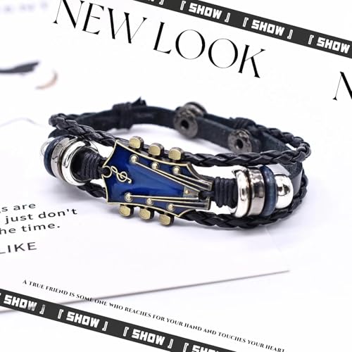 Image of Leather Bracelet for Men, Stylish Music Themed Guitar Bracelet, Adjustable Wristband for Casual Wear, Blue, Music Themed Gifts, 20.5 cm