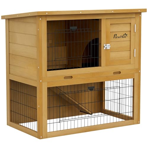 PawHut Clapier à Lapin Cage à Lapin 2 étages avec 3 Portes verrouillables Plateau Coulissant Rampe et Toit bitumé Bois Massif, 85 x 50 x 80 cm, Jaune