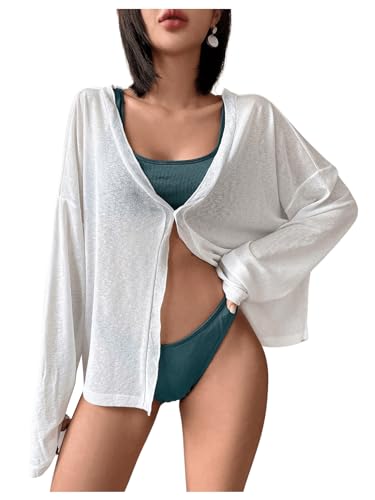 SOLY HUX Women's Swimsuit Coverup Long Sleeve Button V Neck Beach Kimono Tops Summer Vacation Clothes
