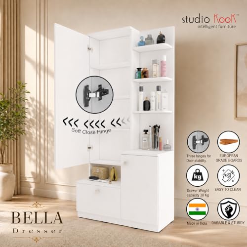 Image of Studio Kook Bella Dressing Table with Mirror and Storage, Moonshine White