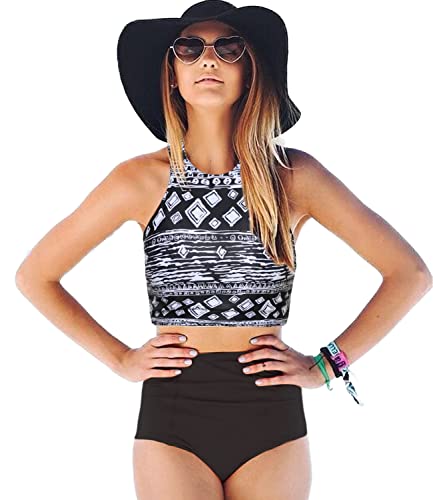 Mansy Women's 2PCS Tripe Padded Push Up High Waisted Bikini Swimsuit Swimwear