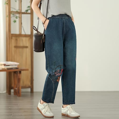LAI MENG FIVE CATS Women's Elastic Waist Stretch Baggy Jeans Embroidery Denim Pants with Pocket4
