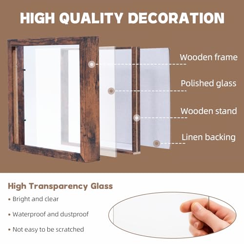 Image of Muzilife 8x8 Shadow Box Picture Frame with Linen Board - Deep Wood & Glass Display Case to Hang Memory Box Baby Sports Memorabilia, Pins, Awards, Medals, Wedding, Tickets and Photos, Rustic Brown